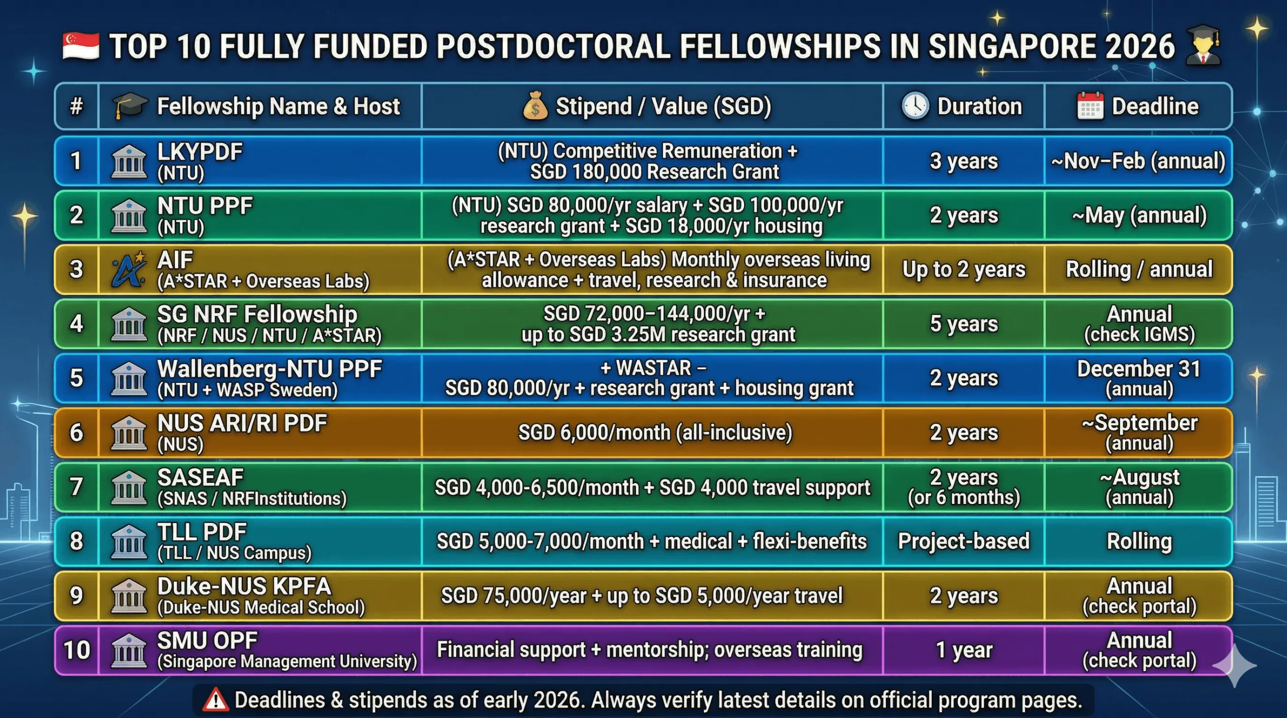 Fully Funded Postdoctoral Fellowships in Singapore: Stipends, Benefits, and 2026 Deadlines